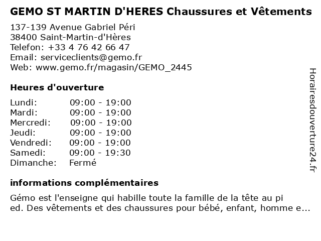 Horaires d ouverture GEMO ST MARTIN D HERES Chaussures et